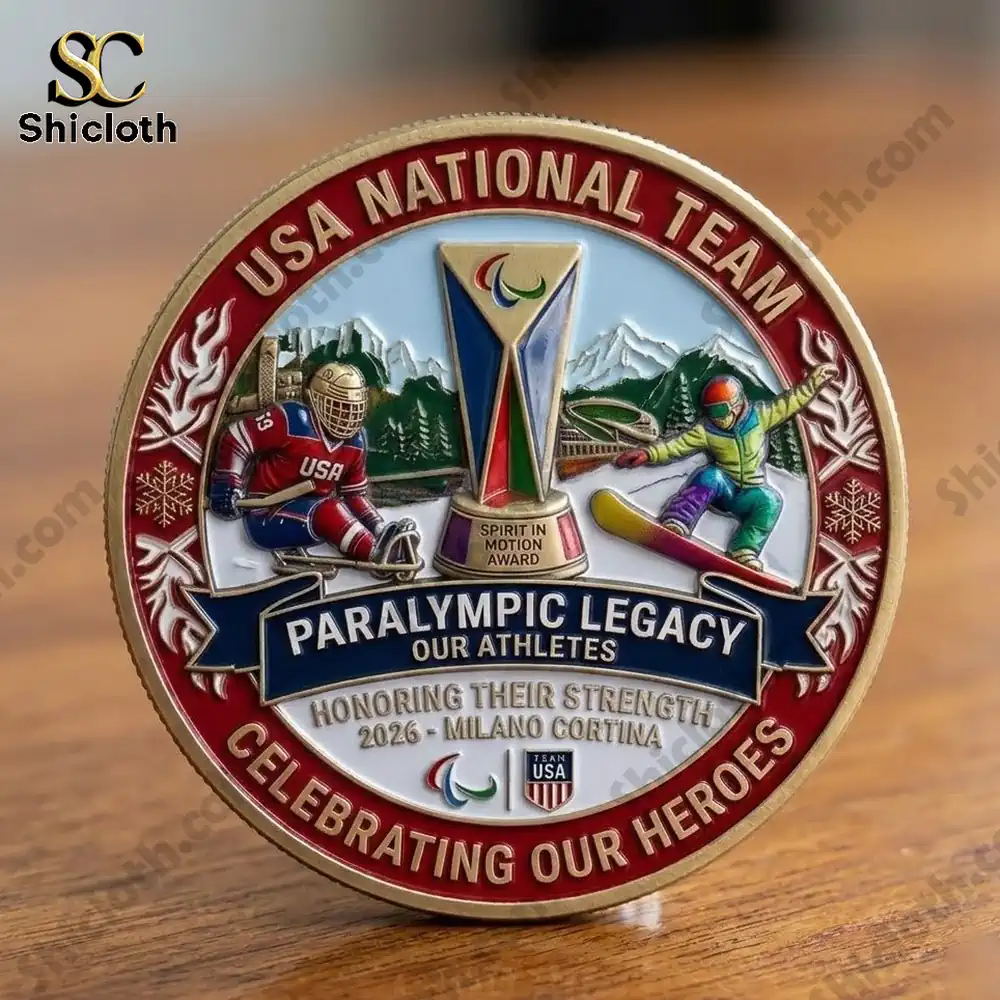 Front design of the USA National Team Paralympic Legacy commemorative coin with winter sport athletes!