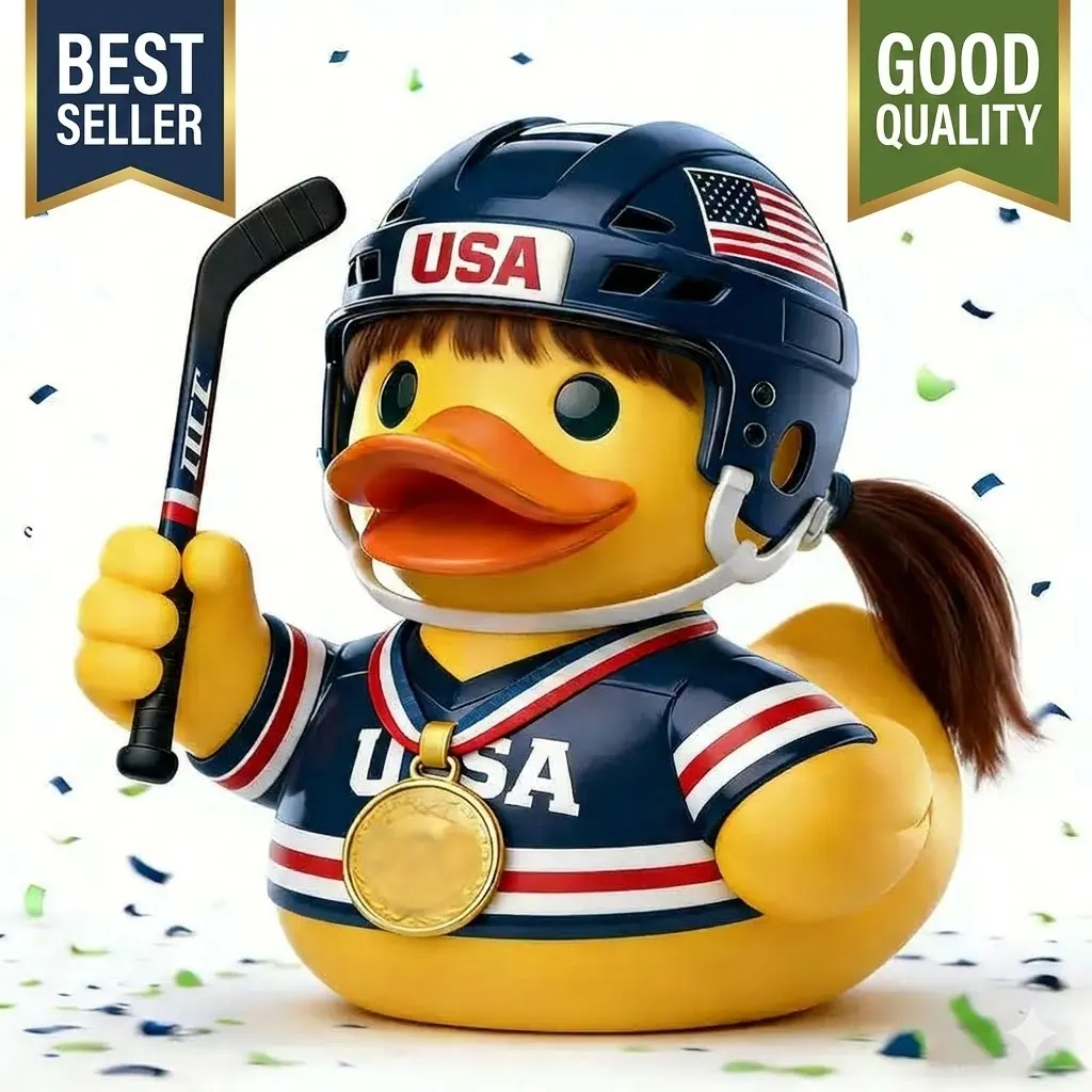 USA hockey gold medal duck toy wearing helmet and holding hockey stick!