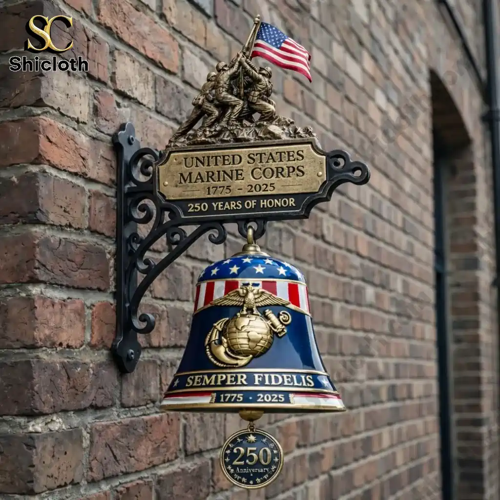 US Marine Corps commemorative bell mounted on brick wall with American flag detail!