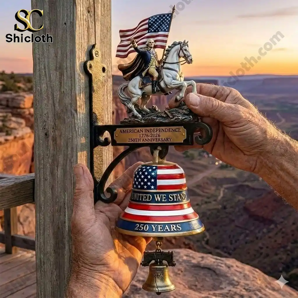 American Independence 250 years wall bell with George Washington statue mounted on wooden post at canyon sunset