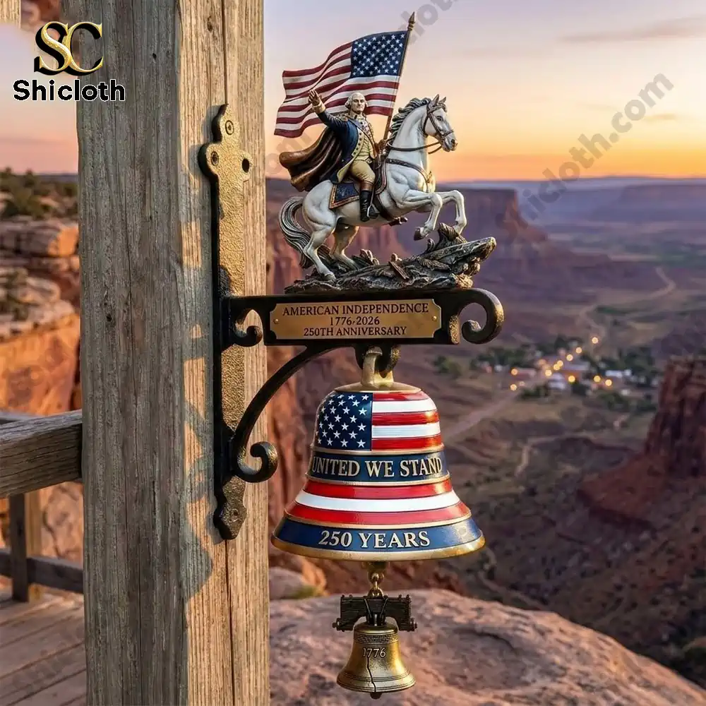 American Independence 250 years wall bell with George Washington statue mounted on wooden railing at canyon view