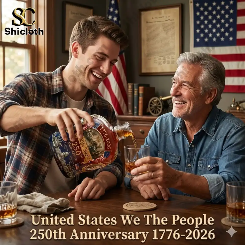 A heartwarming moment between a young man and an elderly man celebrating with drinks and the United States 250th Anniversary commemorative bottle.