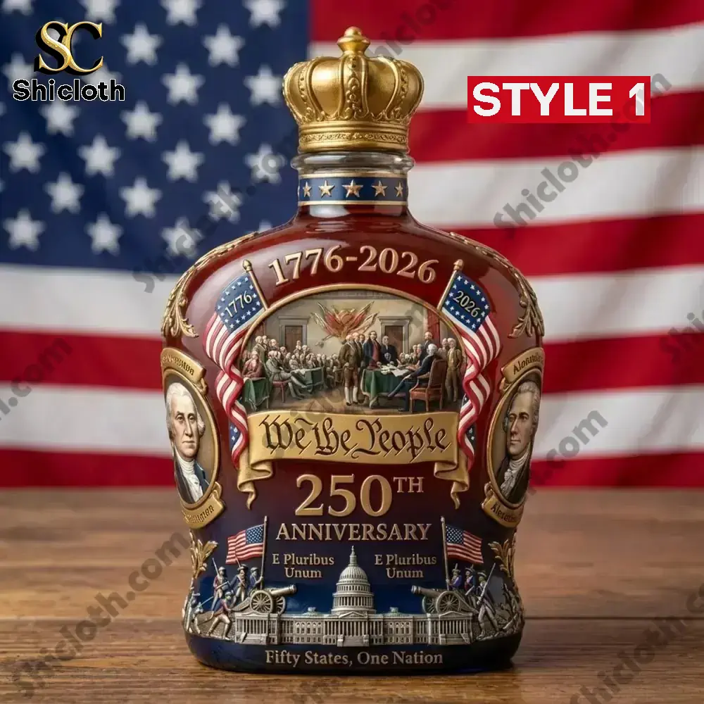 The United States 250th Anniversary commemorative bottle featuring a detailed design with key historical figures and symbols of freedom.
