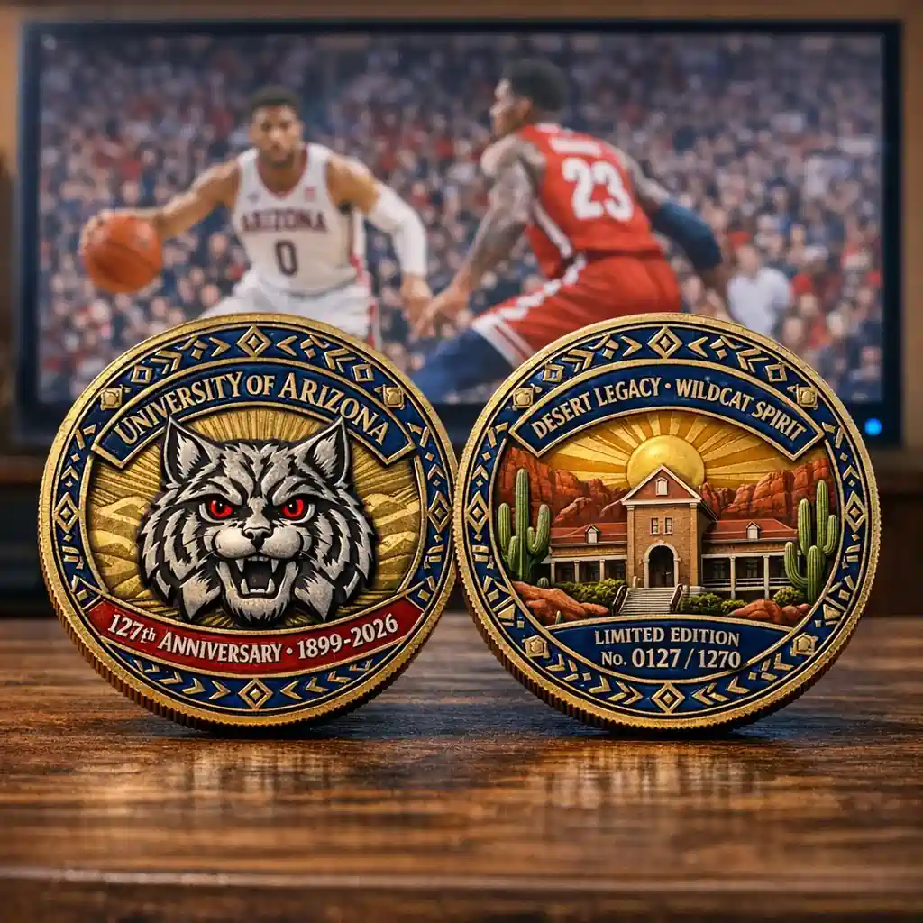 Front and back design of University of Arizona Wildcats 127th Anniversary commemorative coin with wildcat emblem and desert campus artwork.