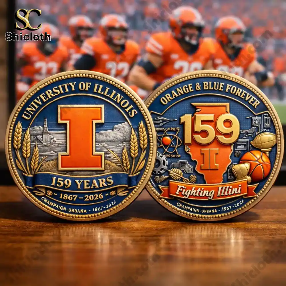 University of Illinois Fighting Illini anniversary challenge coin front and back on table!