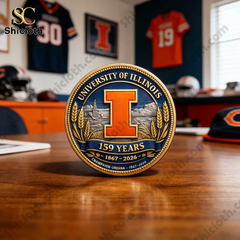 Front side of Illinois Fighting Illini anniversary challenge coin on wooden desk!