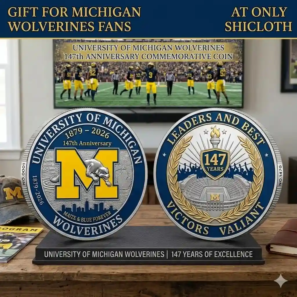 University of Michigan Wolverines 147th anniversary commemorative coin display with football stadium background!