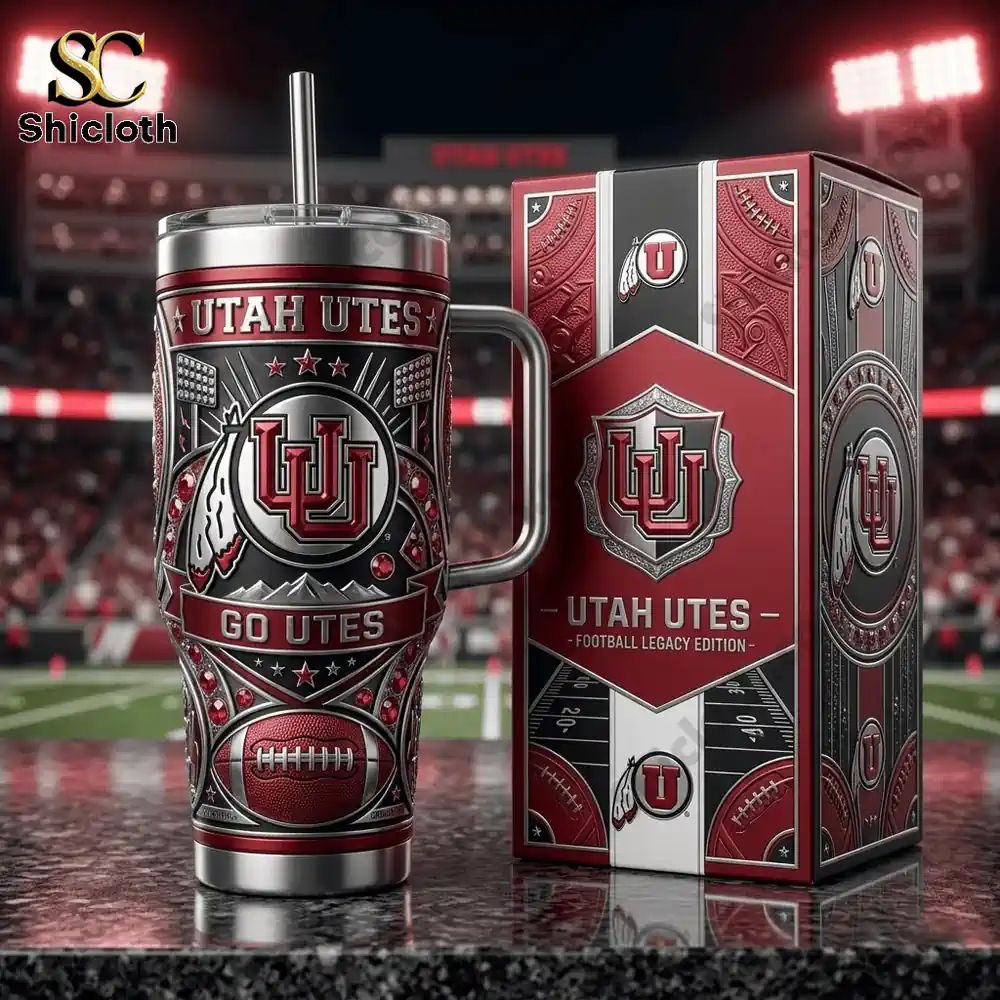 Utah Utes tumbler with box in stadium background