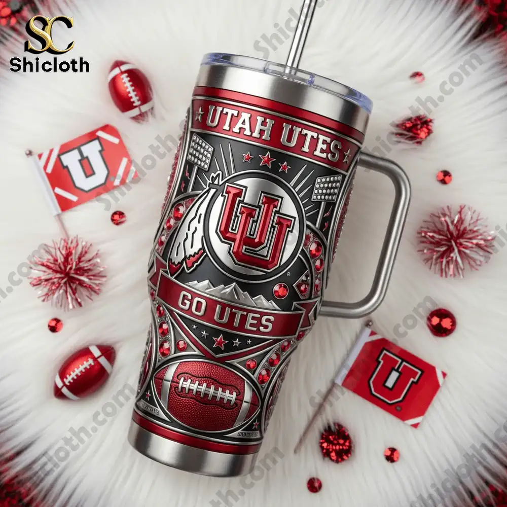 Utah Utes Go Utes 40oz Tumbler With Handle 3 Utah Utes tumbler with football themed decorations