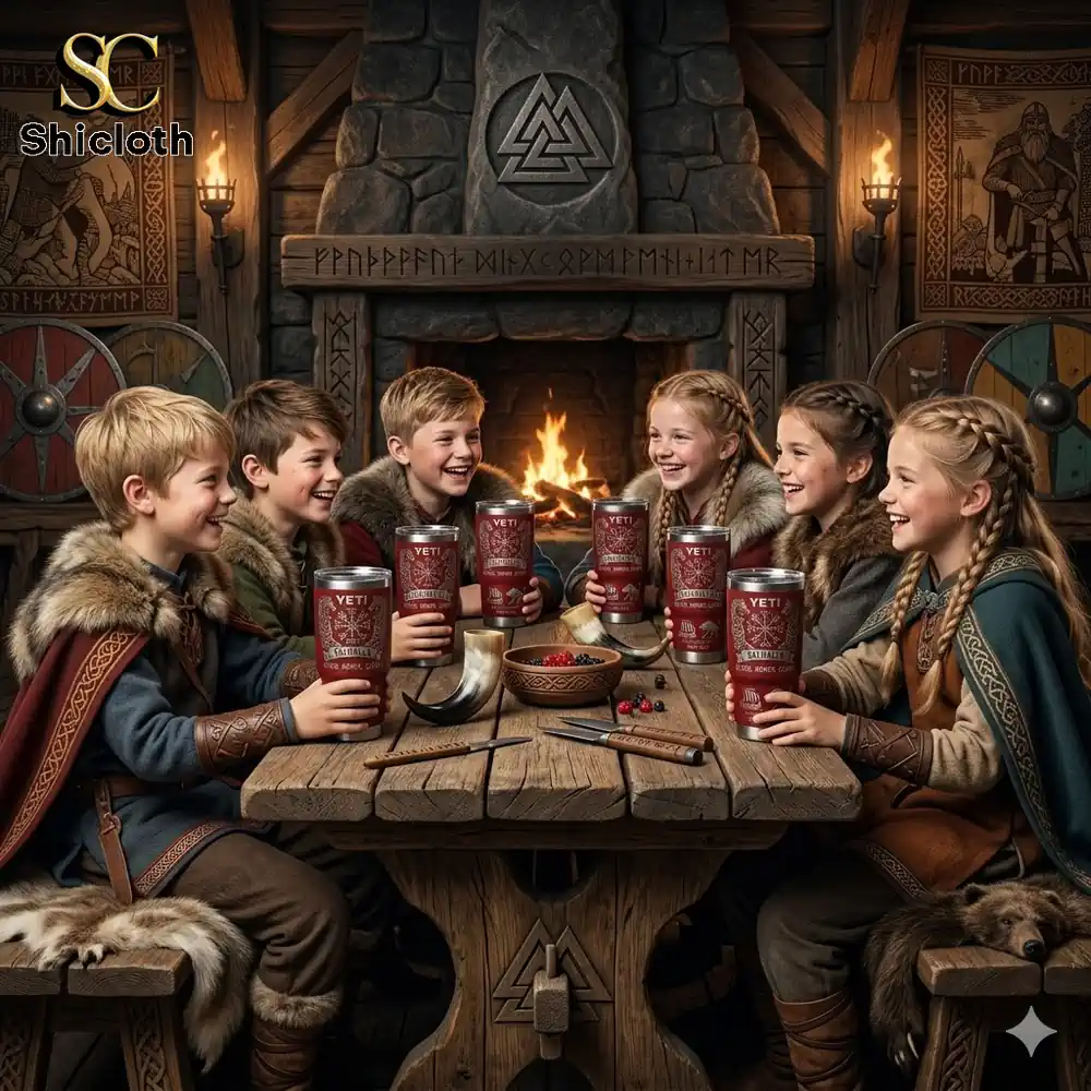 children sitting around table holding valhalla yeti mugs in viking style room!