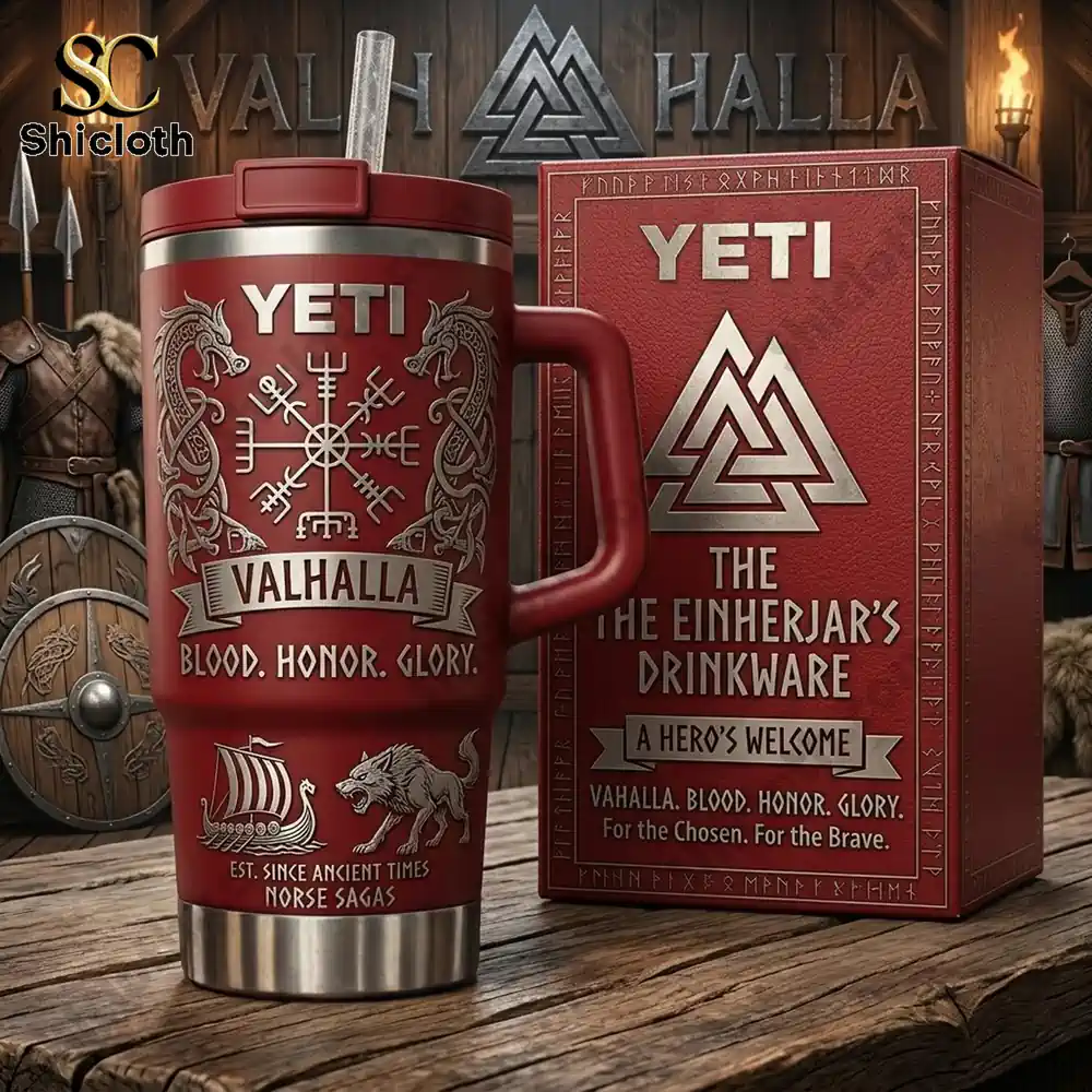 close up of valhalla yeti mug with box in viking themed setting!