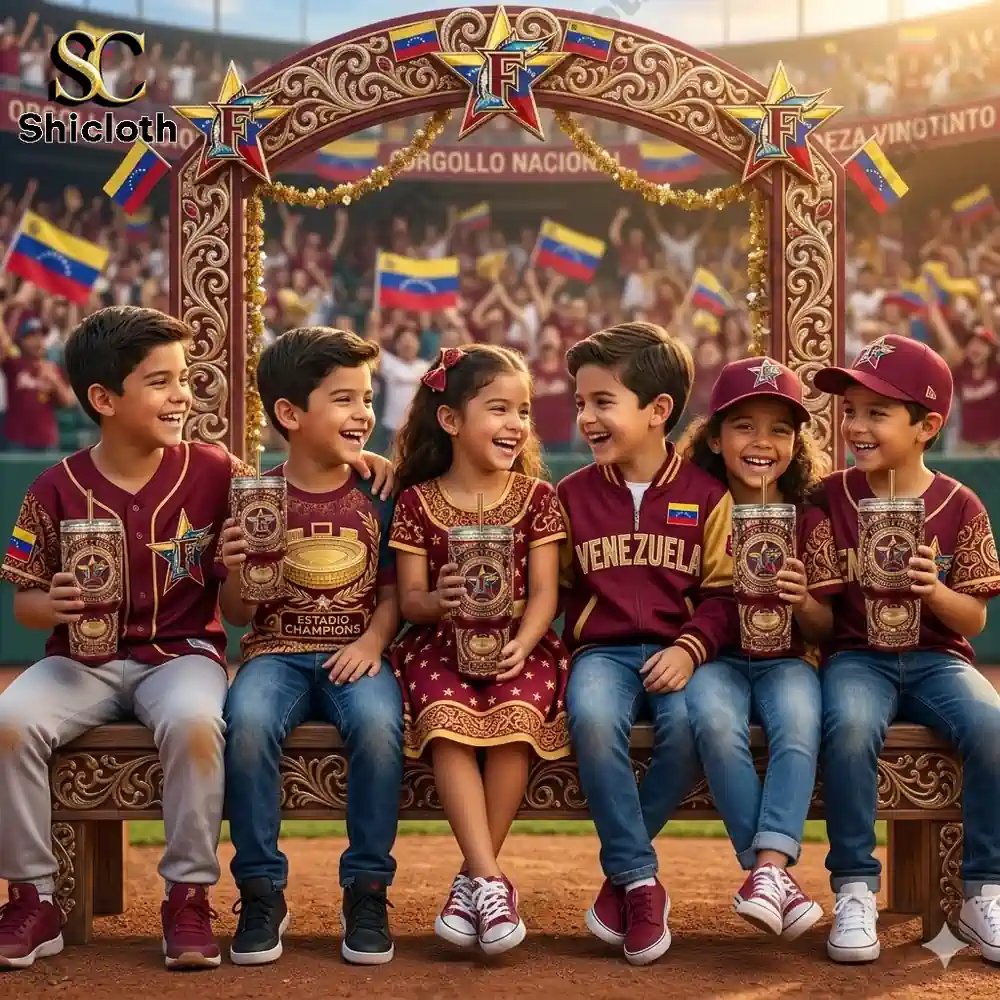 Kids cheering Venezuela baseball team holding decorated tumblers!
