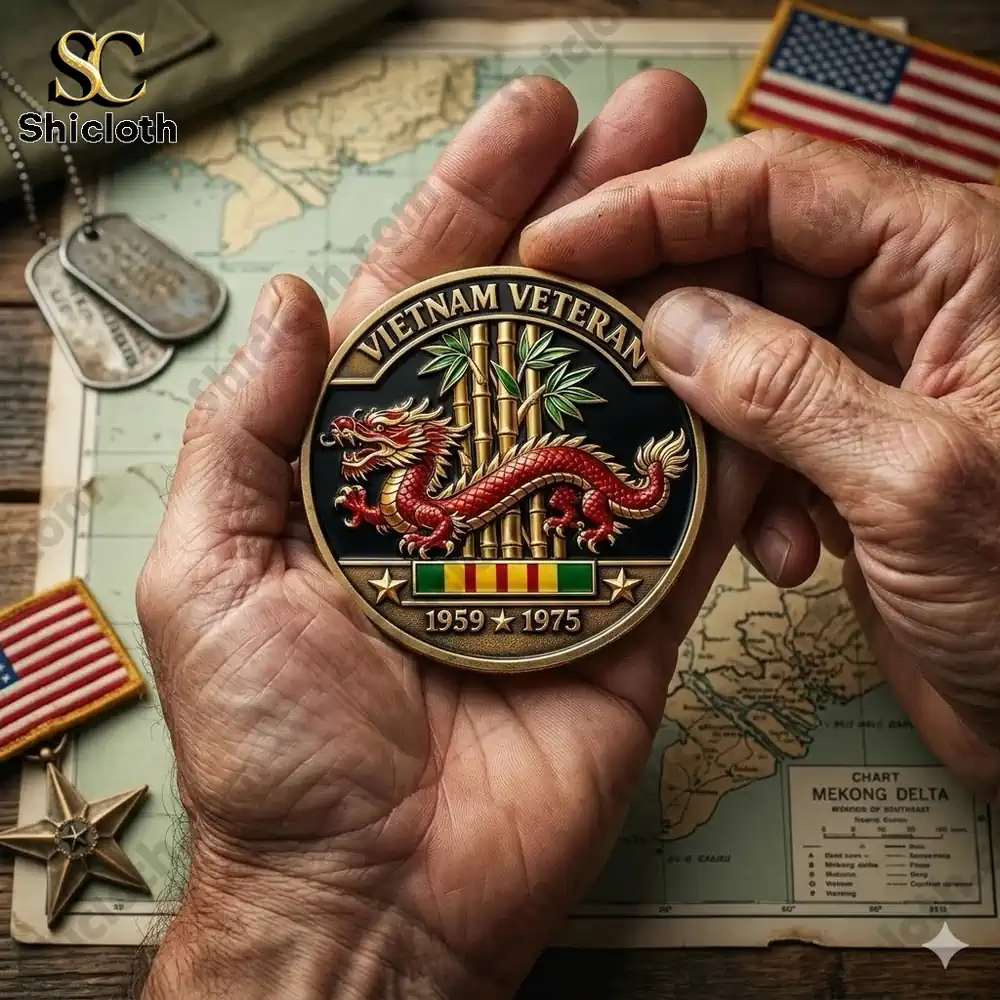 hands holding vietnam veteran dragon bamboo commemorative coin from shicloth!