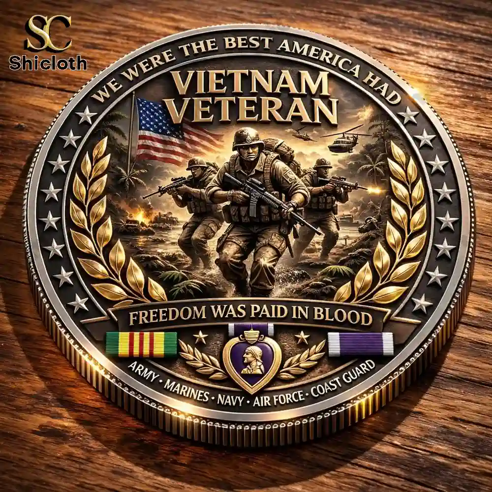A detailed Vietnam Veteran commemorative coin with a heroic soldier in the foreground and a "Freedom Was Paid In Blood" inscription.