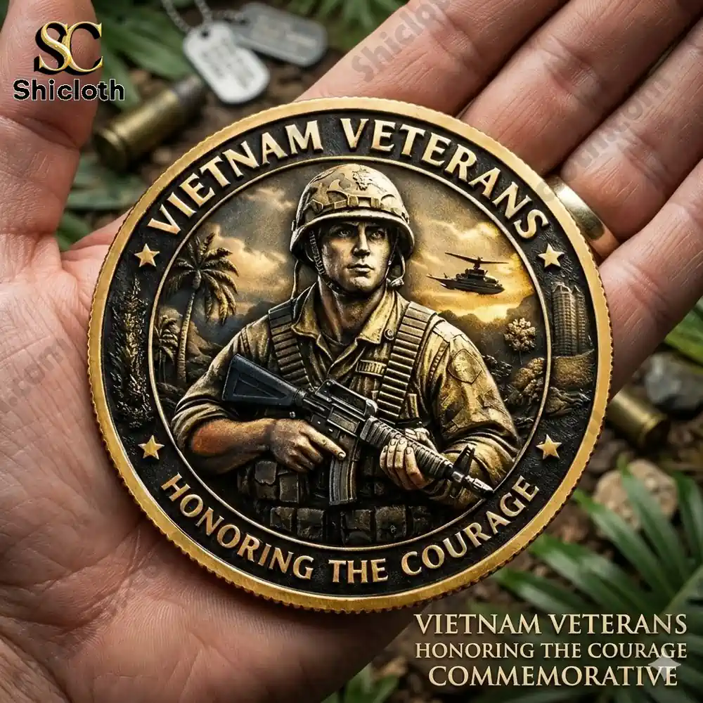 A Vietnam Veterans commemorative coin featuring a soldier with an assault rifle and the words "Honoring The Courage".