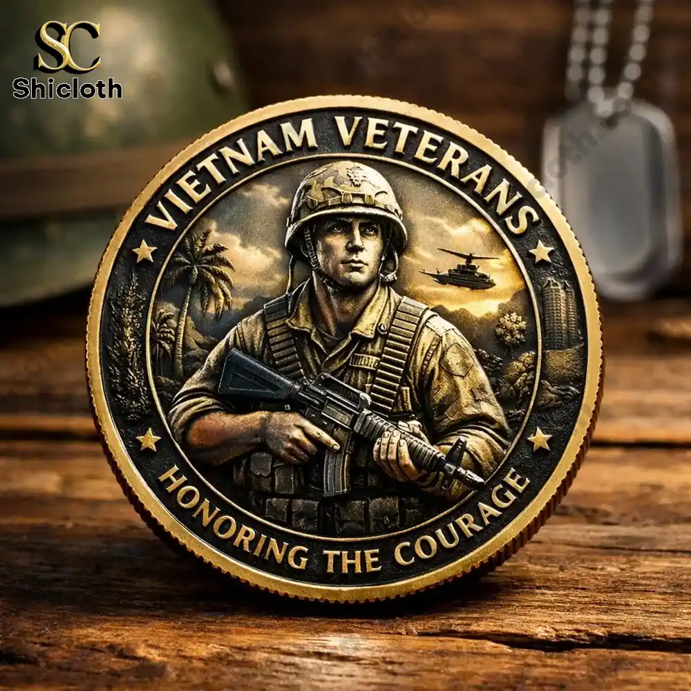A commemorative coin honoring Vietnam Veterans with a soldier holding an assault rifle, featuring the phrase "Honoring The Courage".