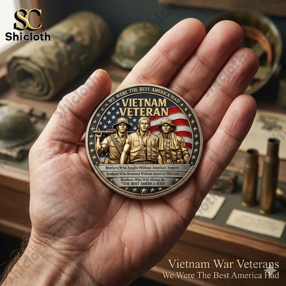 A commemorative coin featuring three Vietnam War veterans with the phrase "We Were The Best America Had".