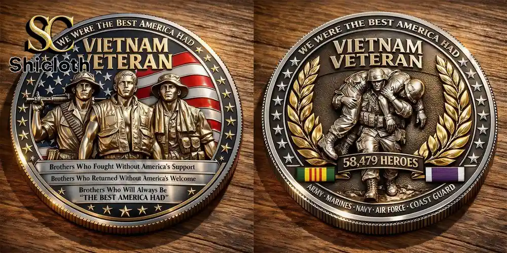 A Vietnam War Veterans commemorative coin with the phrase "58,479 Heroes" and a soldier carrying two comrades.