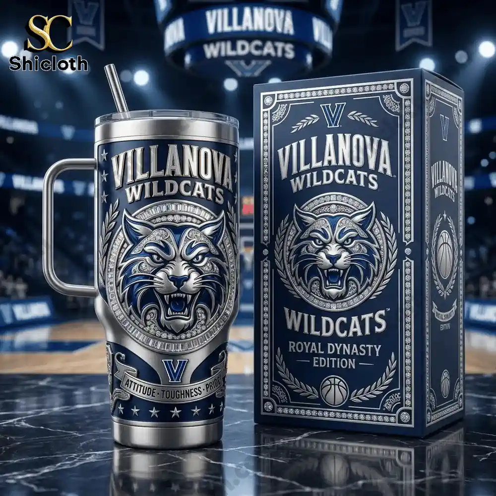 Villanova Wildcats tumbler with box in basketball arena
