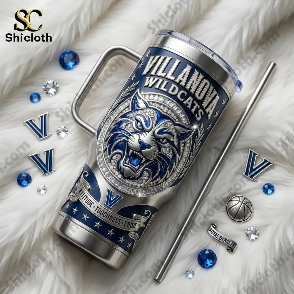 Villanova Wildcats Royal Dynasty Edition Tumbler 3 Villanova Wildcats tumbler on soft surface with decorative items