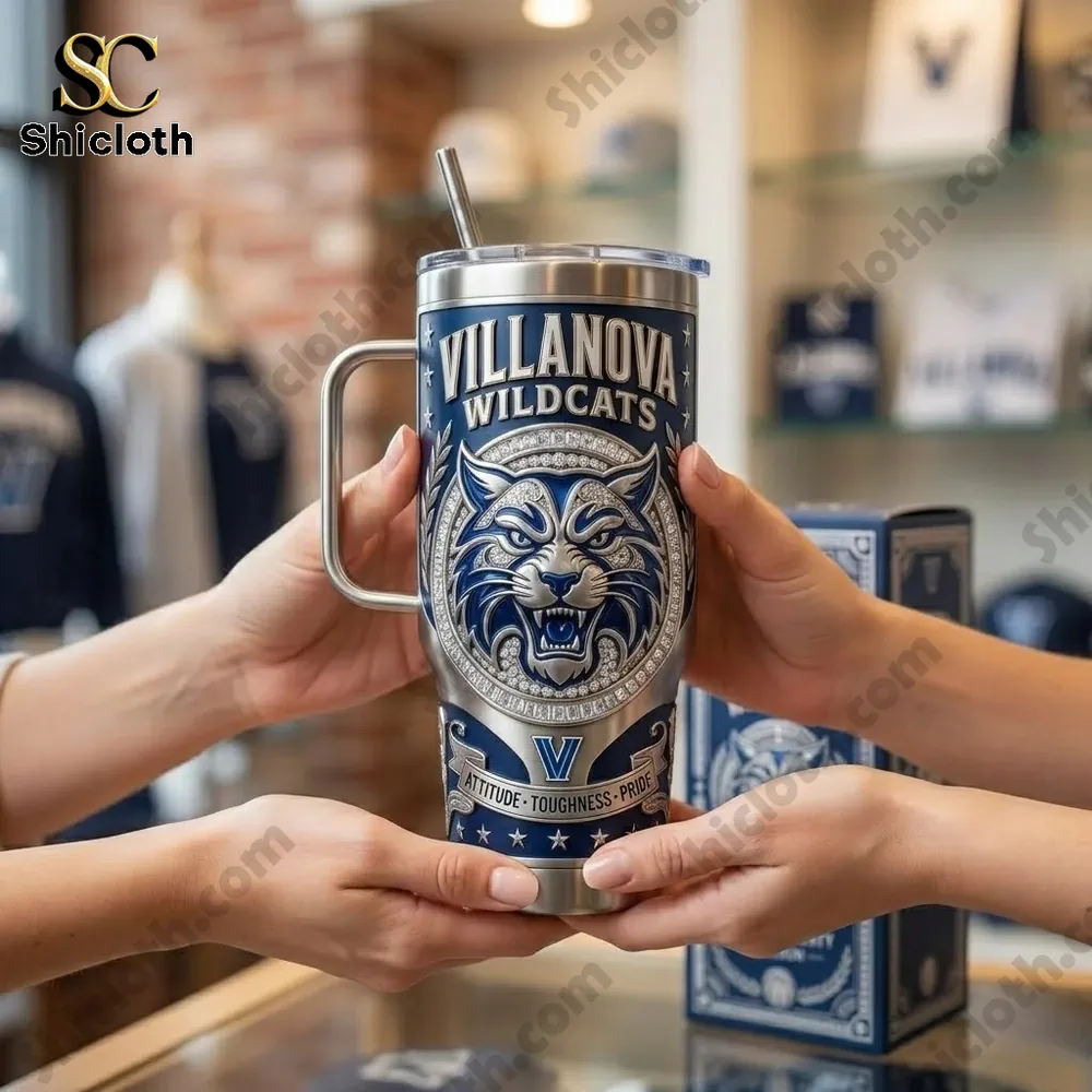 Villanova Wildcats Royal Dynasty Edition Tumbler 4 Hands exchanging Villanova Wildcats tumbler in store