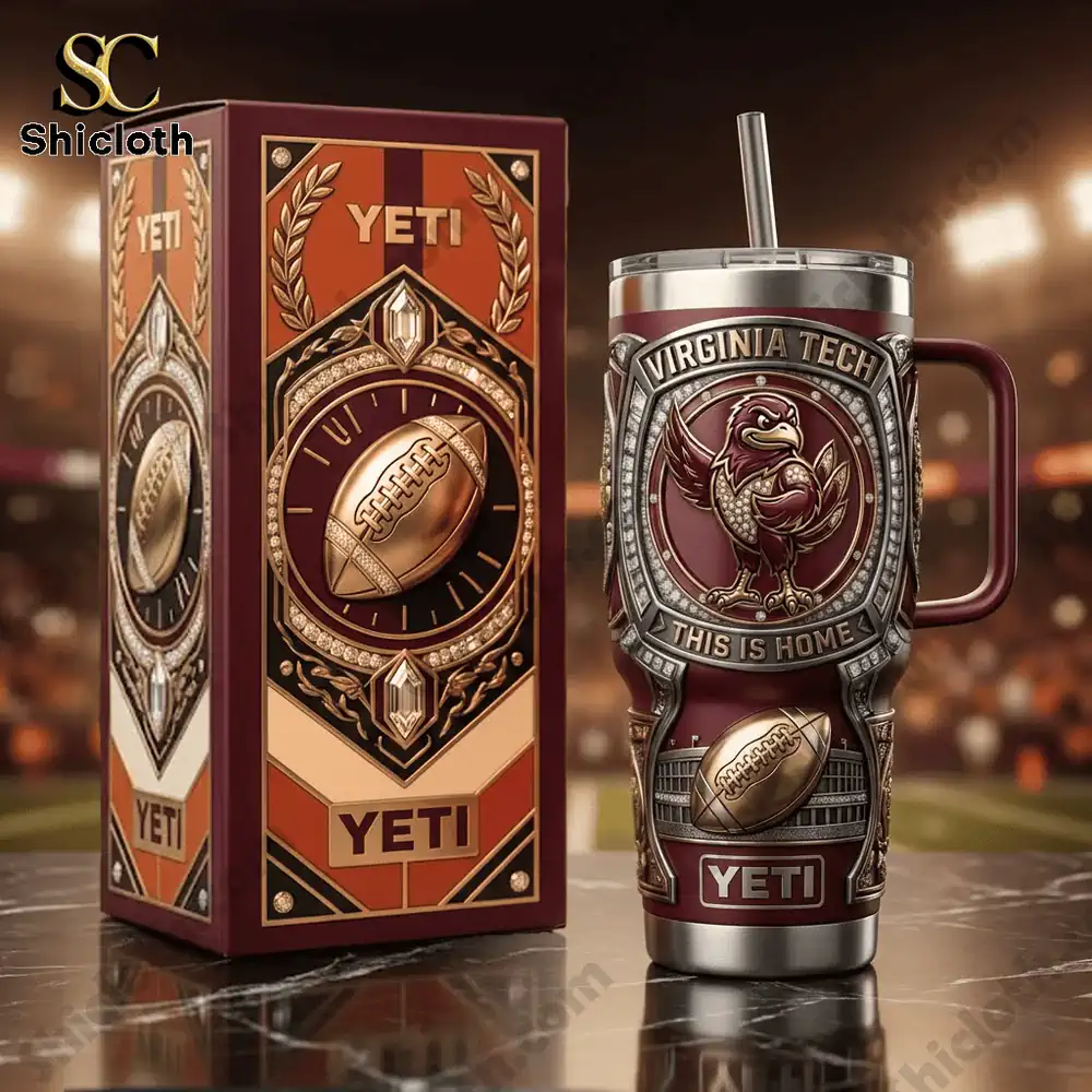 Virginia Tech Yeti tumbler with decorative box on football field background!