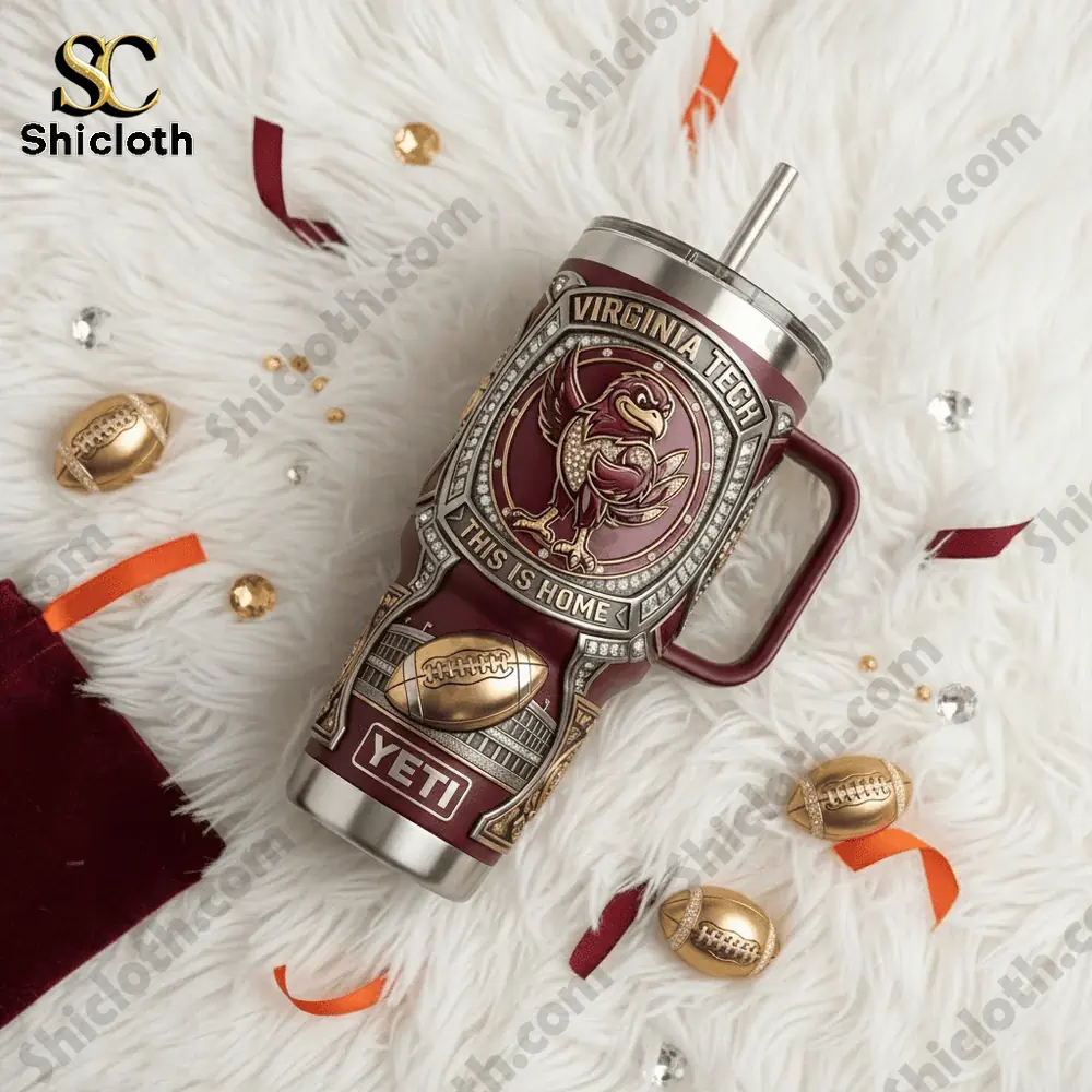 Virginia Tech Hokies This is Home 40oz Tumbler With Handle 3 Virginia Tech Yeti tumbler on soft white background with decorative football accents!