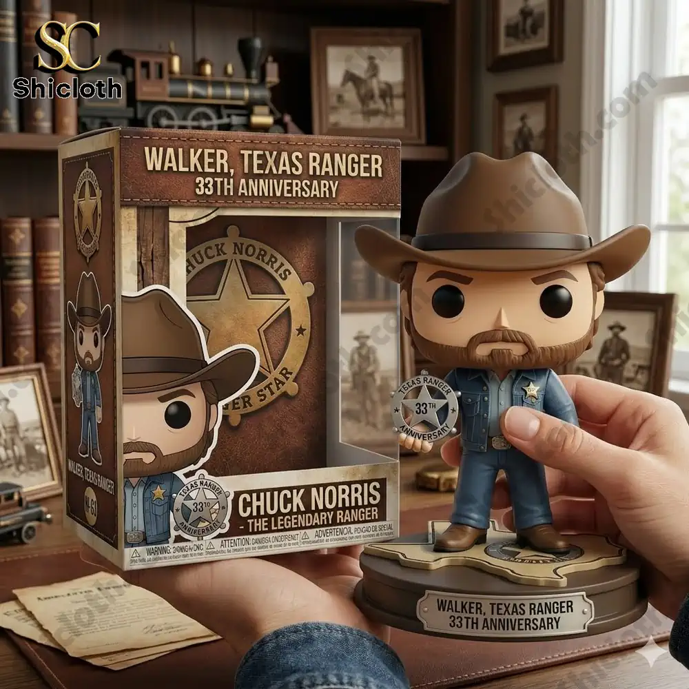 Cowboy ranger collectible figure with anniversary badge in vintage room setting