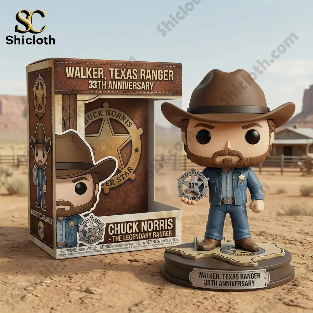 Cowboy ranger collectible figure standing in desert with anniversary badge