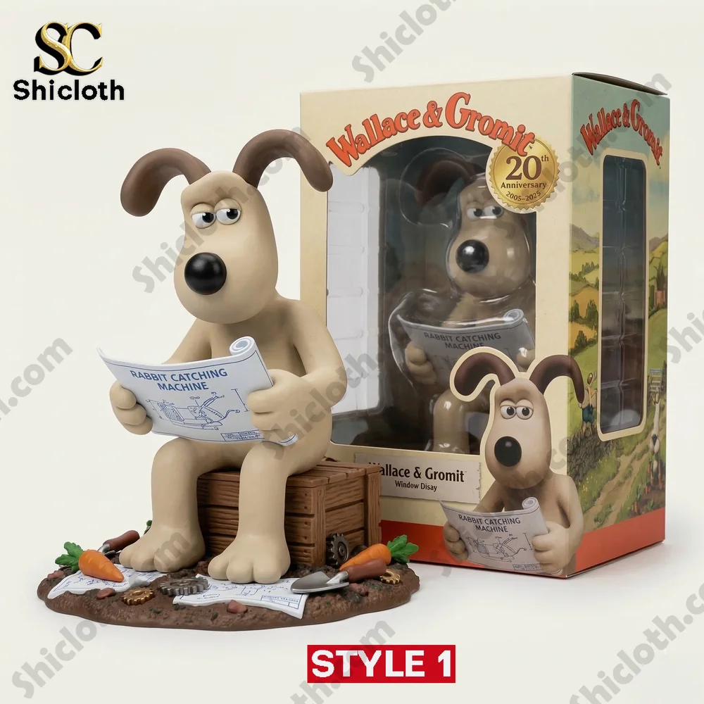 Gromit figure holding blueprint sitting on crate