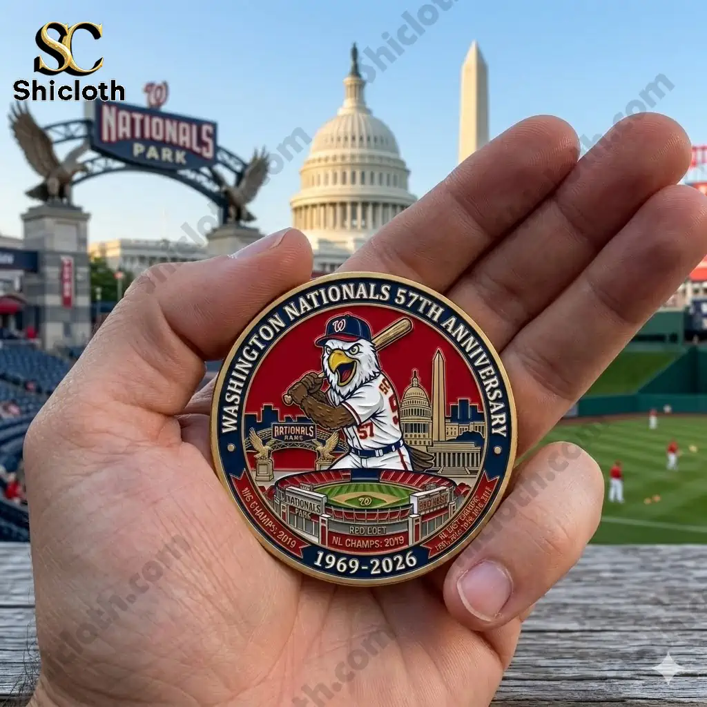 Hand holding Washington Nationals anniversary commemorative coin at baseball stadium by Shicloth!