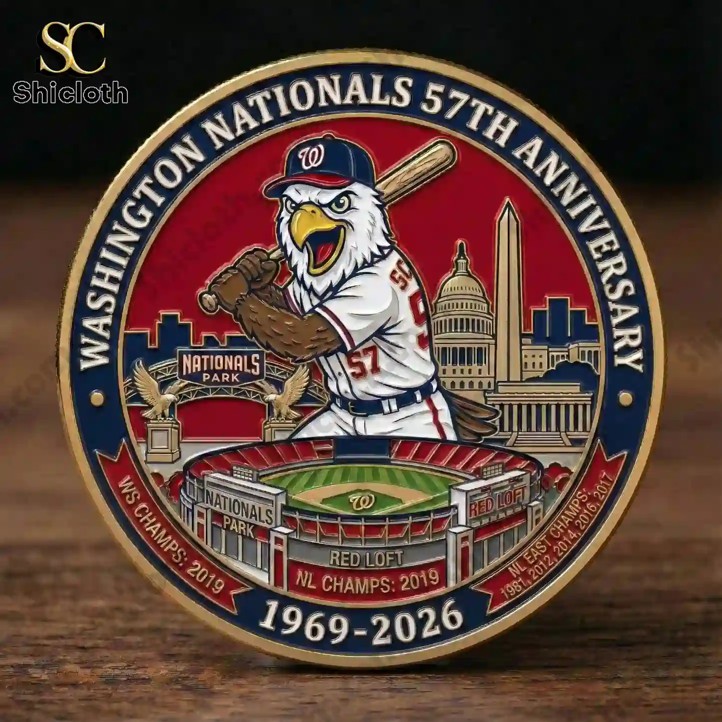 Close view Washington Nationals commemorative coin design with mascot and stadium by Shicloth!