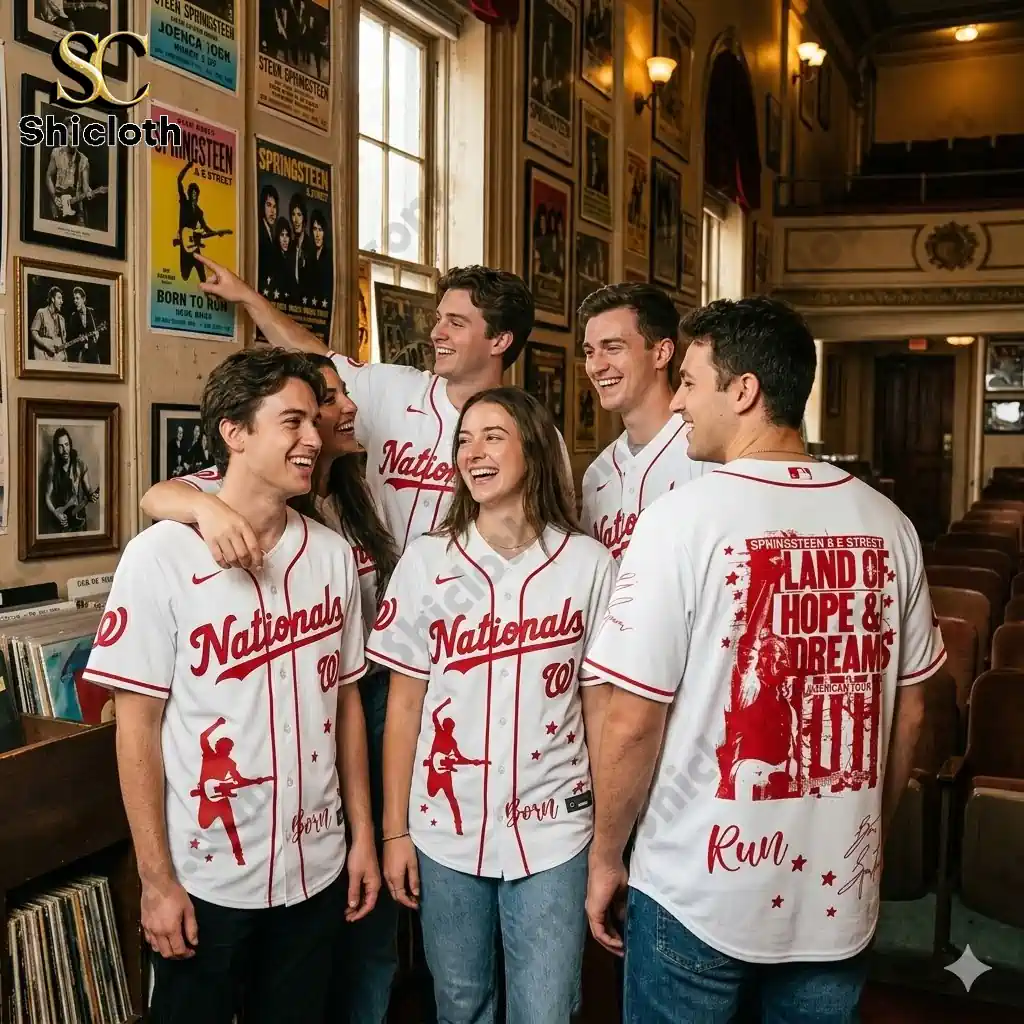 Group of young people wearing Washington Nationals and Springsteen tour jerseys in a music poster gallery.