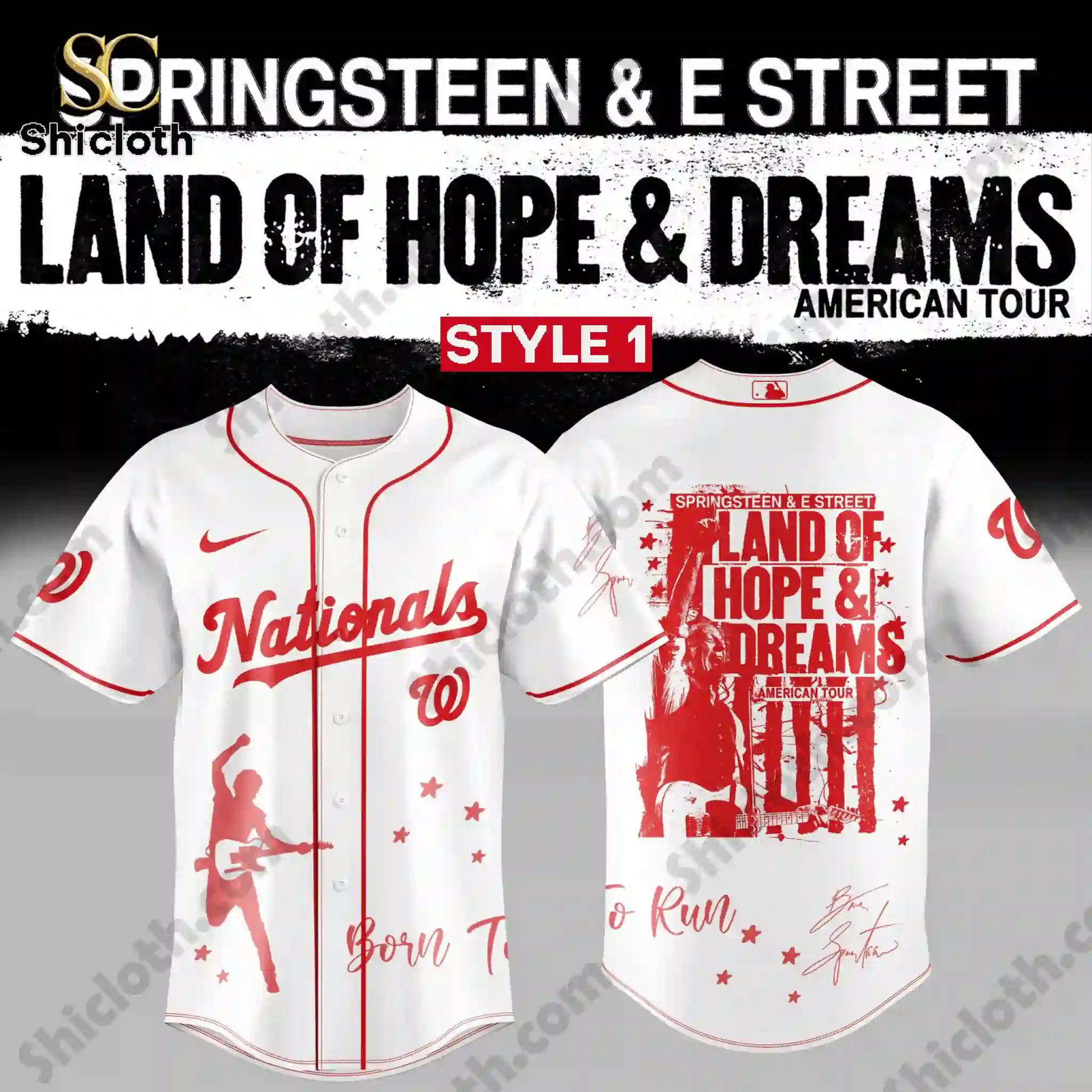 Front and back view of white Washington Nationals Springsteen Land Of Hope And Dreams Tour Jersey in red style.