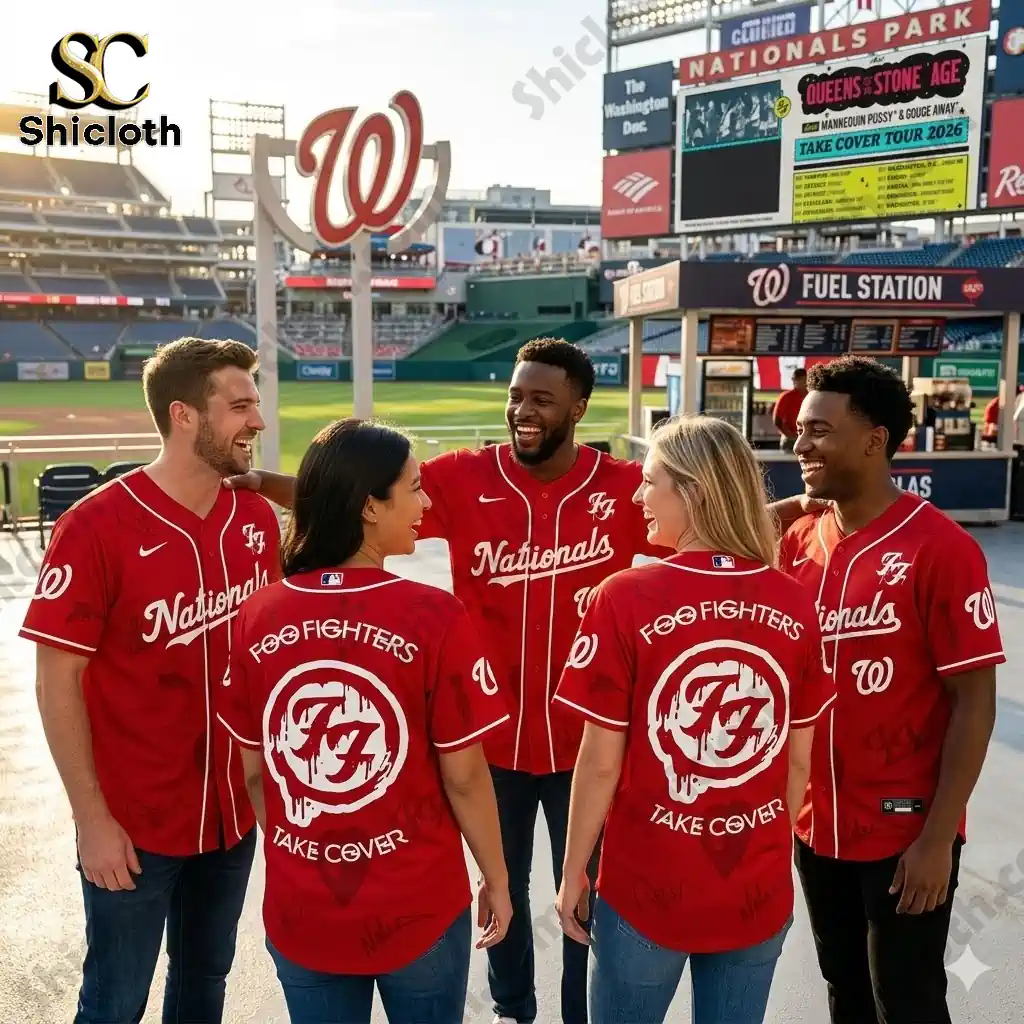 Group wearing Washington Nationals x Foo Fighters jersey at Nationals Park stadium!