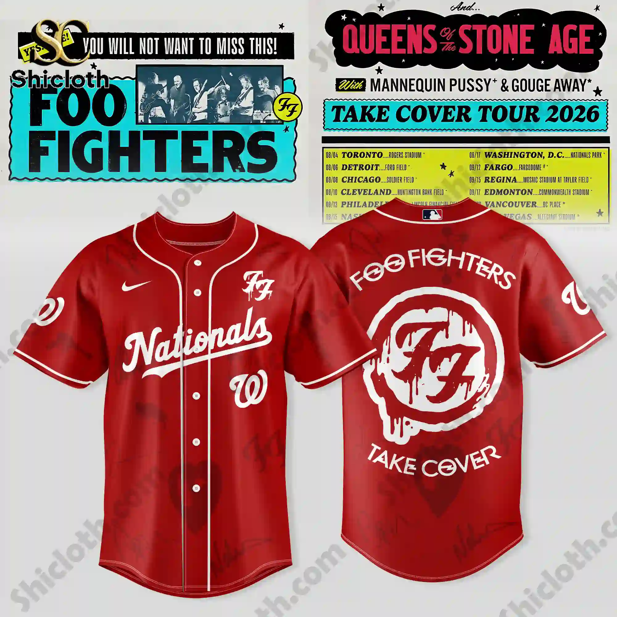 Front and back view of red Washington Nationals x Foo Fighters Take Cover Tour 2026 Jersey!