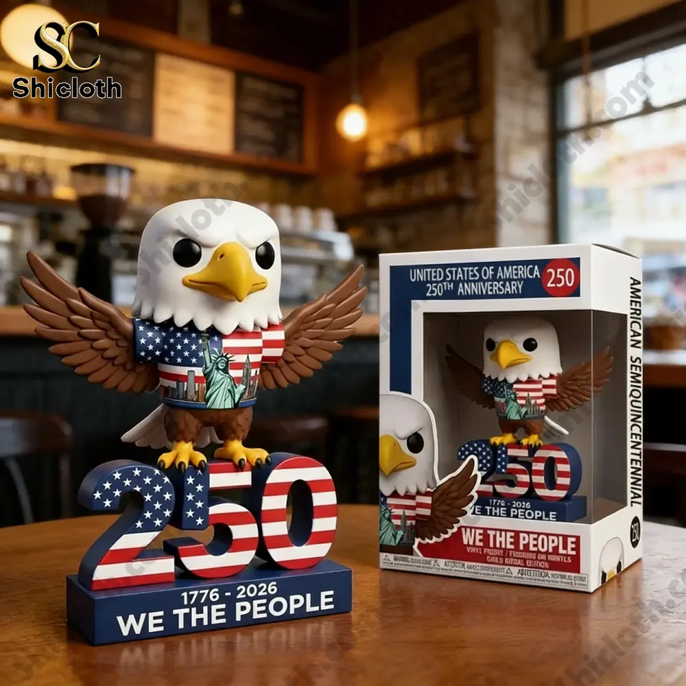 American eagle anniversary figure standing on We The People base with product box on cafe table by Shicloth!