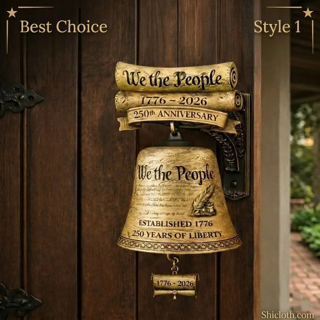 Patriotic wall bell with we the people liberty design mounted on wooden door!