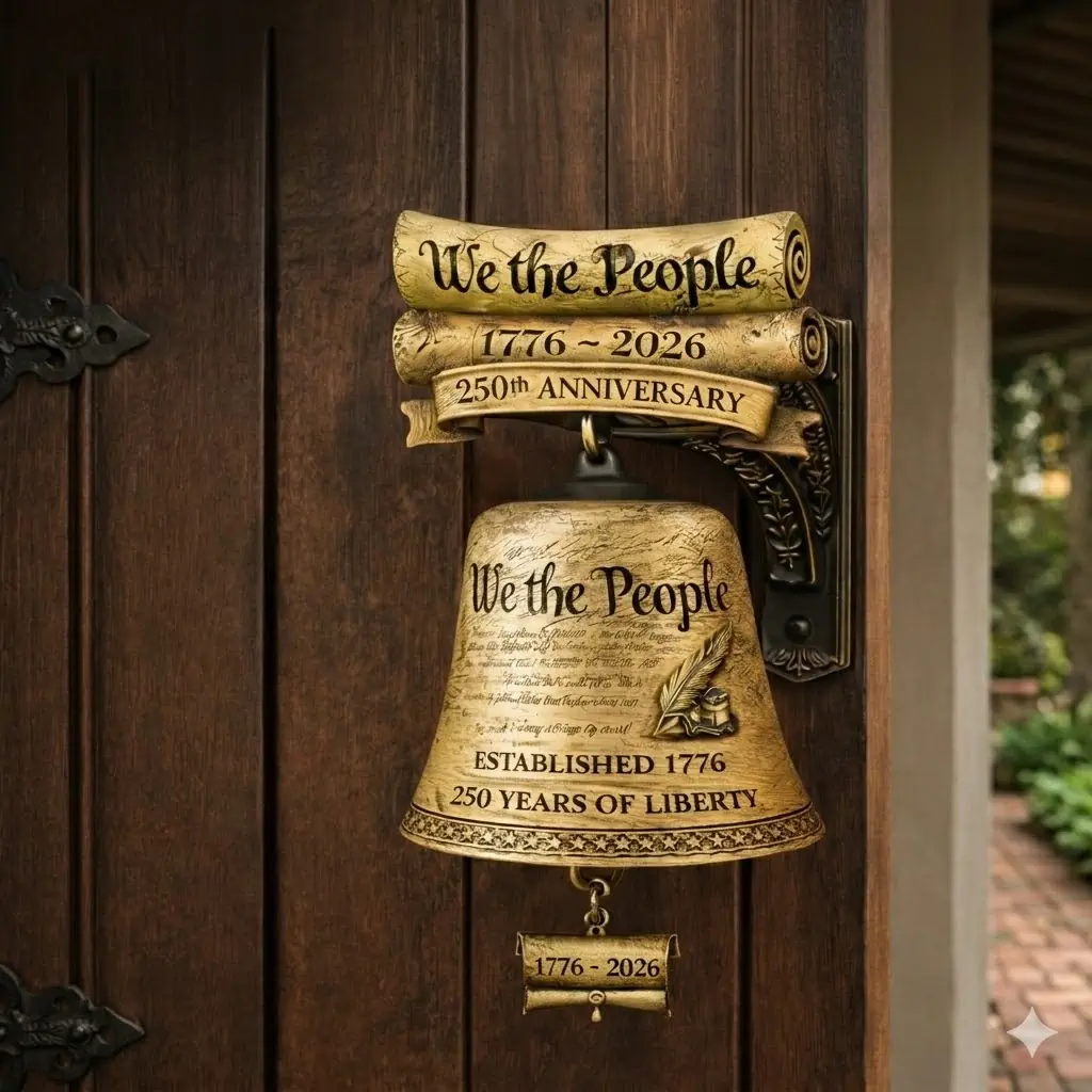 Close view of patriotic we the people liberty wall bell decoration on wooden door!
