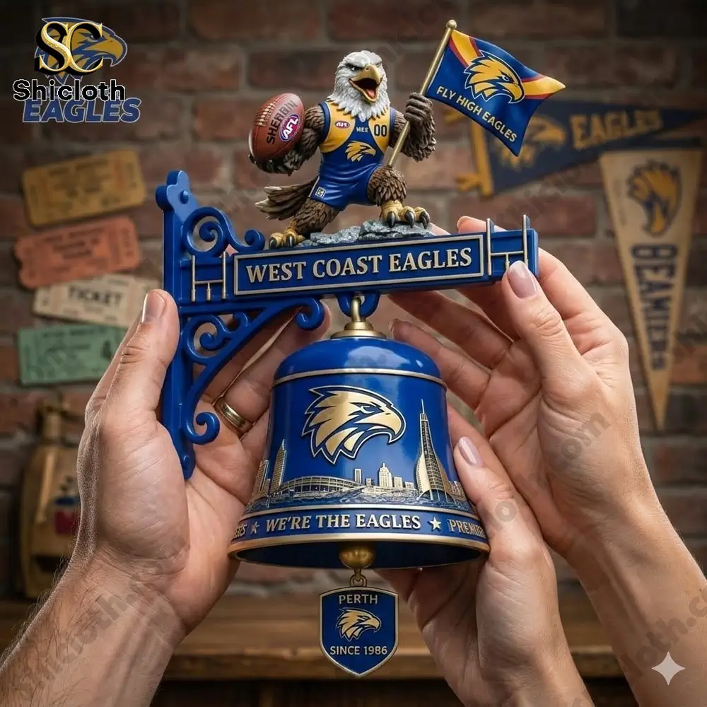 West Coast Eagles wall bell with eagle mascot and team flag held in hands!