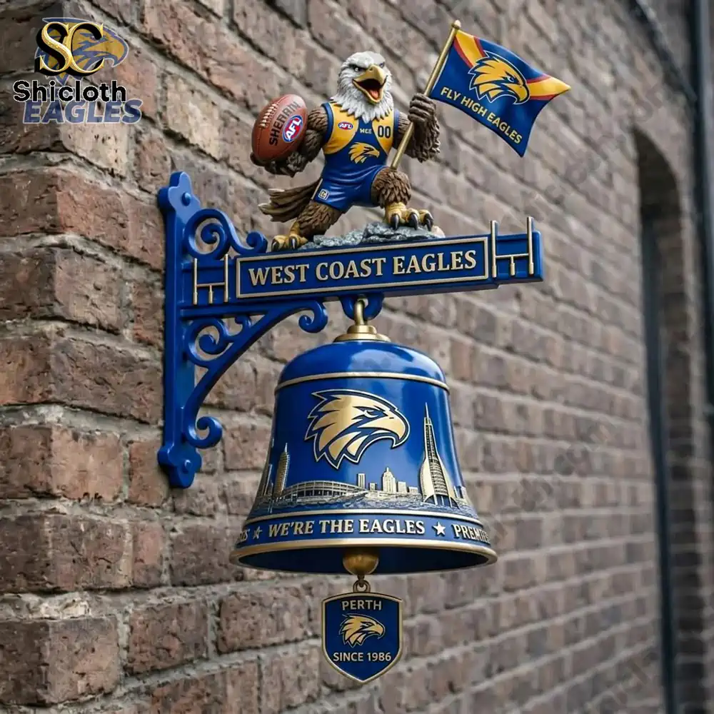 West Coast Eagles wall bell mounted on brick wall with eagle mascot and team flag!