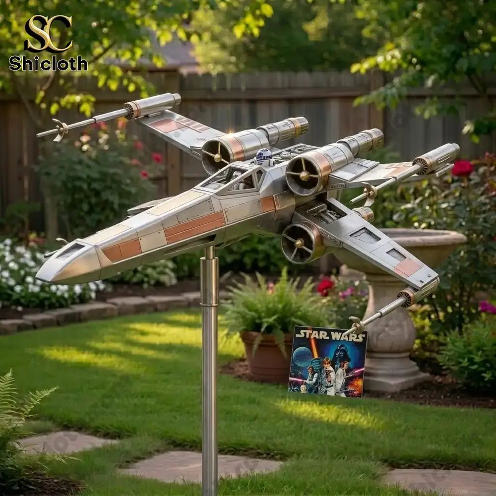 Star Wars X Wing garden wind spinner on metal stand in backyard