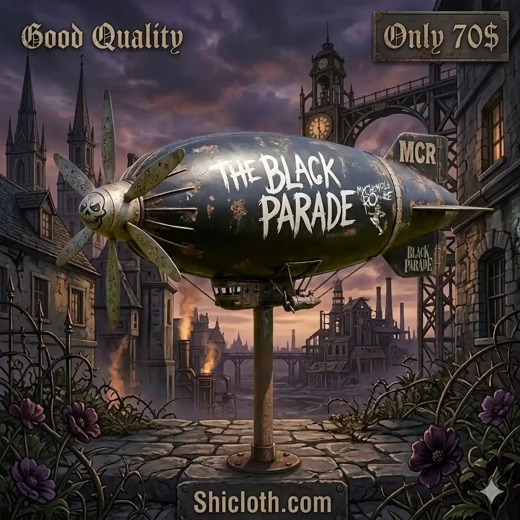 Black parade airship wind spinner displayed in a dark vintage city background