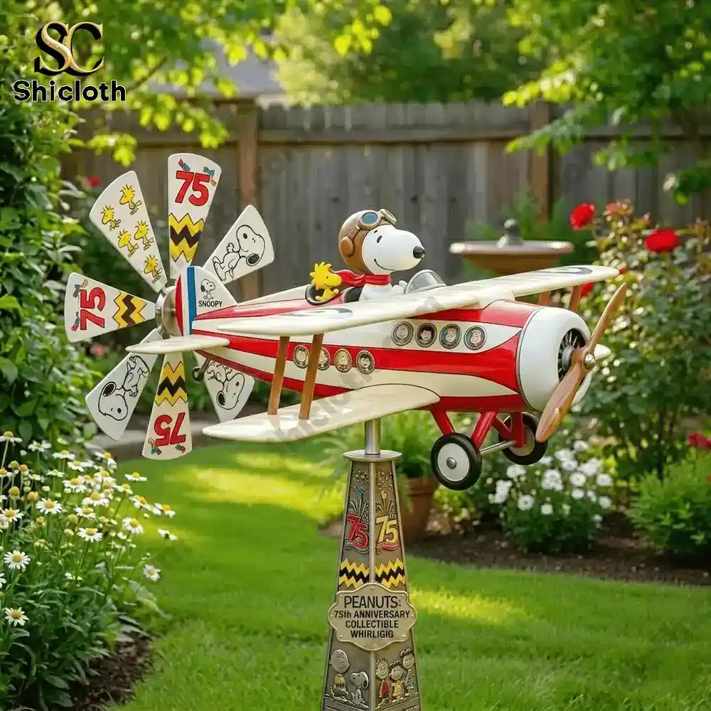 Snoopy airplane wind spinner in a lush backyard garden!