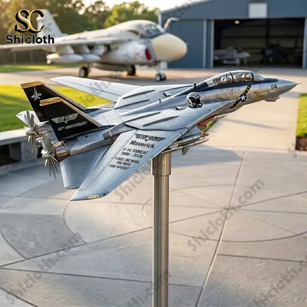 The aircraft spinner is presented in a rugged setting inspired by fighter training grounds emphasizing strength and legacy This highlights the anniversary theme and the premium craftsmanship associated with shicloth products