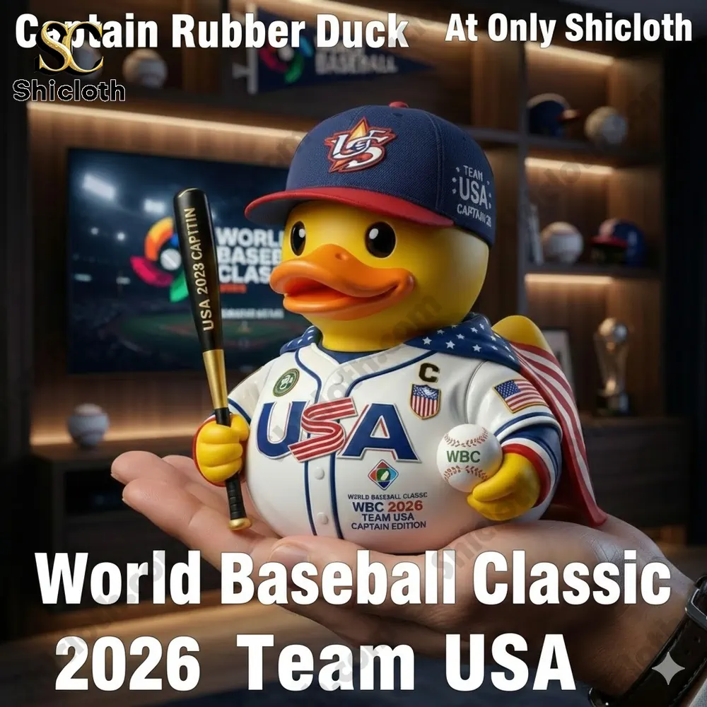 Rubber duck baseball captain figure wearing Team USA uniform displayed on hand by Shicloth!