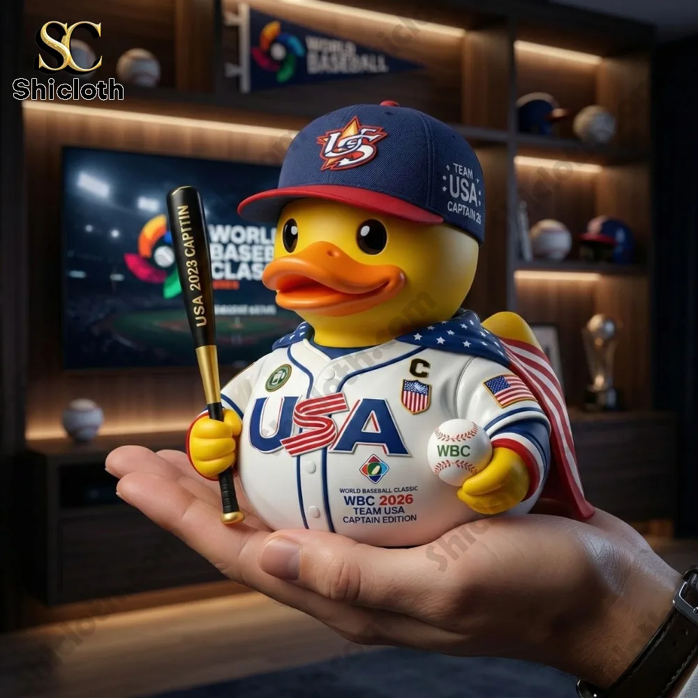 Team USA baseball captain rubber duck collectible standing on a hand with bat and ball by Shicloth!