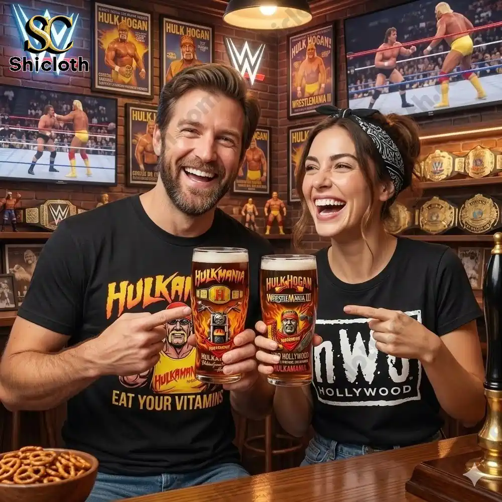 Couple holding Hulkmania themed collector beer glasses in a WWE themed bar with wrestling posters and championship belts!
