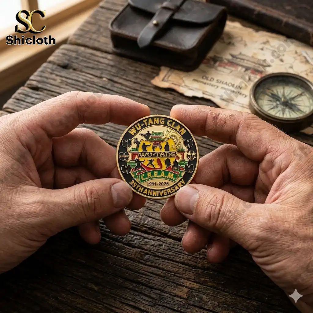 Wu Tang Clan thirty five anniversary cream gold enamel coin held in hands
