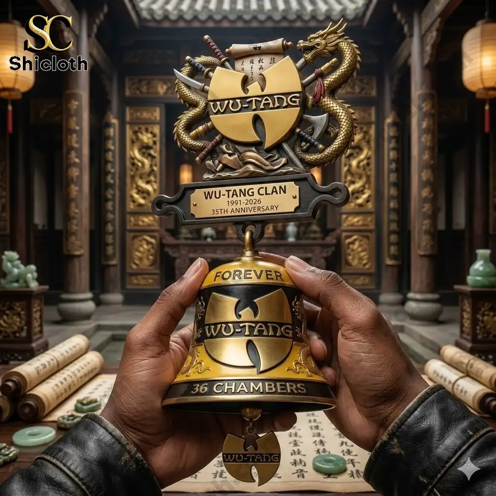 Hands holding Wu Tang Clan anniversary wall bell with dragon and weapon design in ancient temple setting!